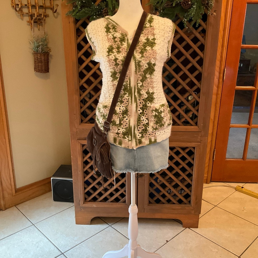 Handmade Crochet Festival Boho Cottagecore Folk Zip Up Vest Small